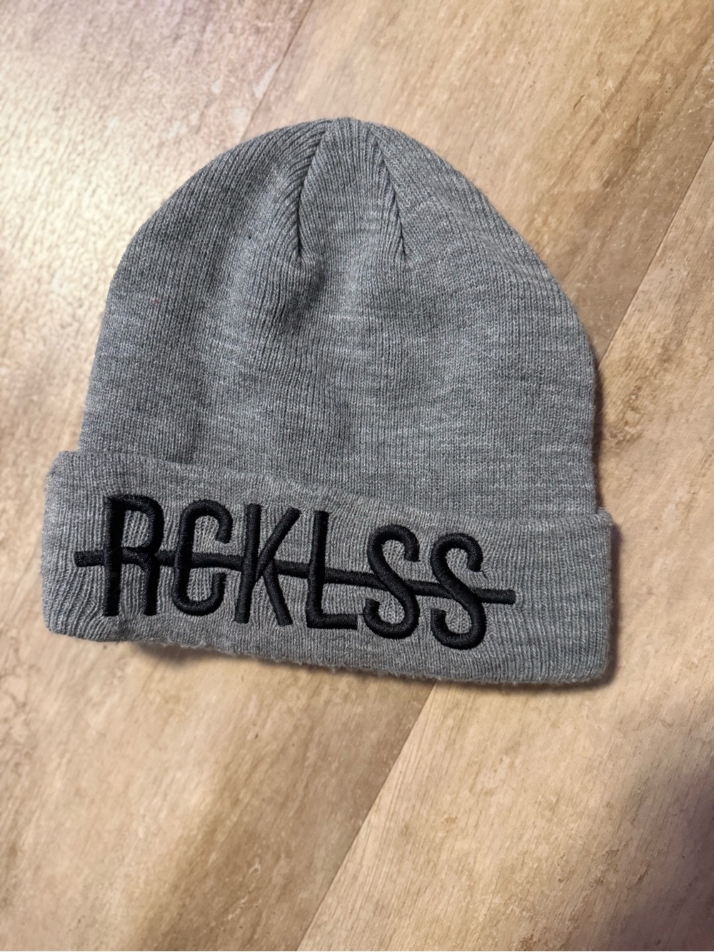 Grey Knit Beanie with Black Embroidery
